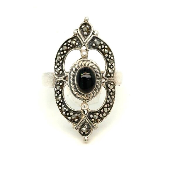925 Silver Small Onyx/Marcasite Ring - Picture 1 of 10